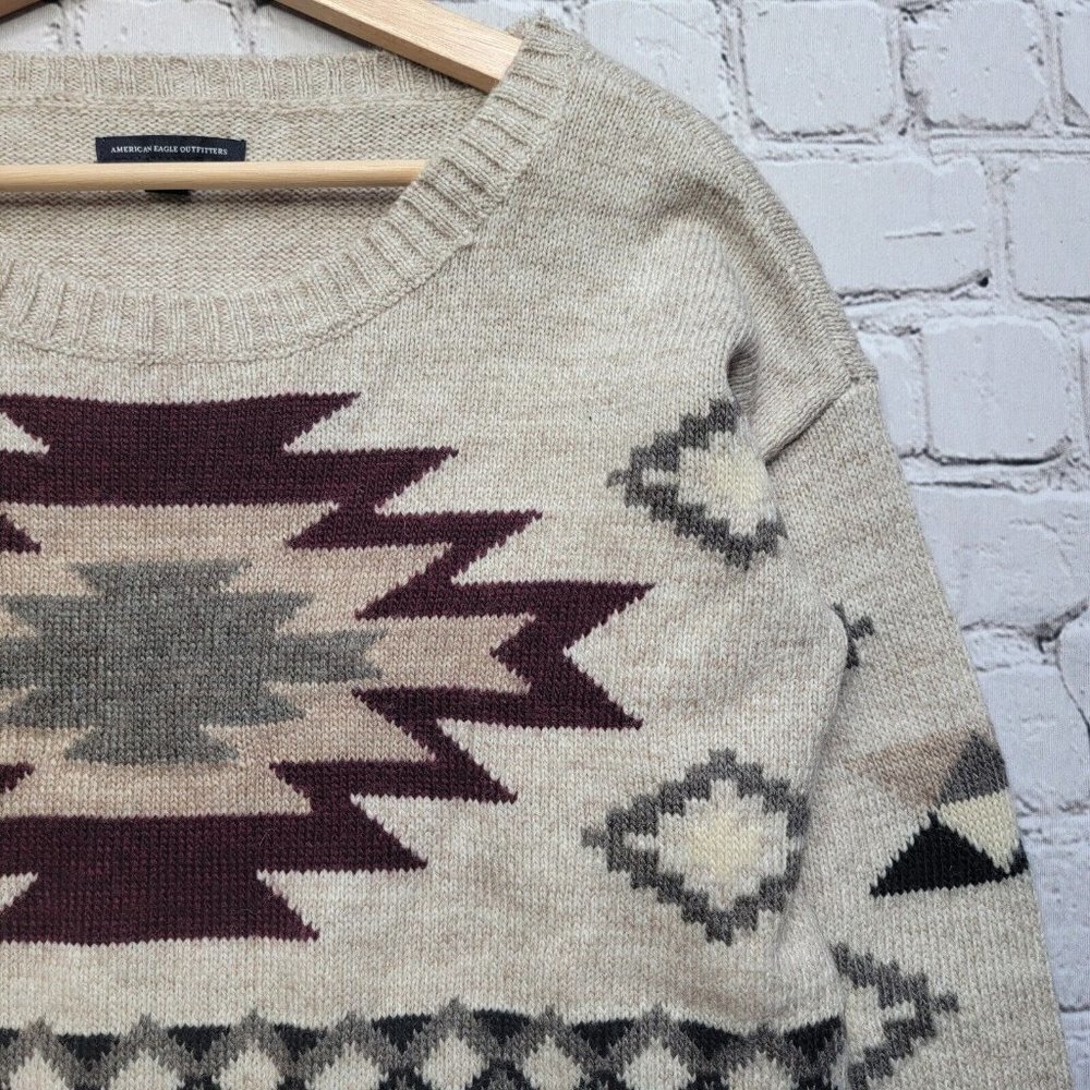 AEO American‎ Eagle Outfitters Wool Blend Brown Tribal Pattern Knit Sweater Sz S - Picture 5 of 12